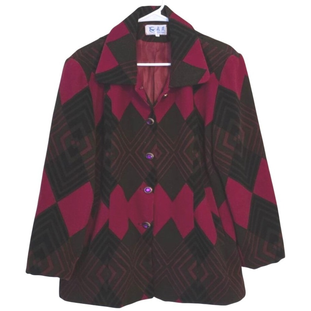 Vintage FEI YAN Geometric Diamond‎ Pattern Blazer Jacket Magenta Women Size 19